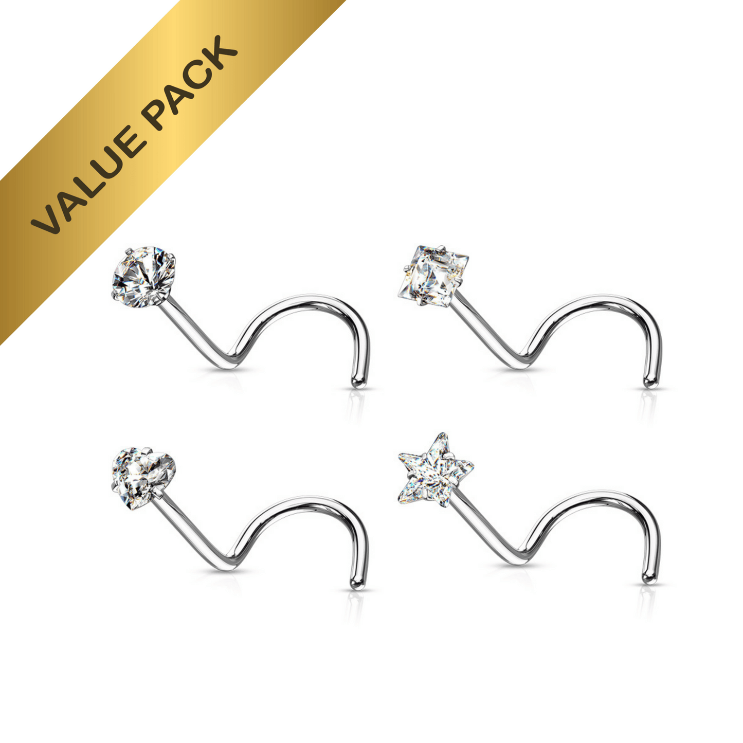 4 Prong Set Clear Gem Nose Screws Value Pack