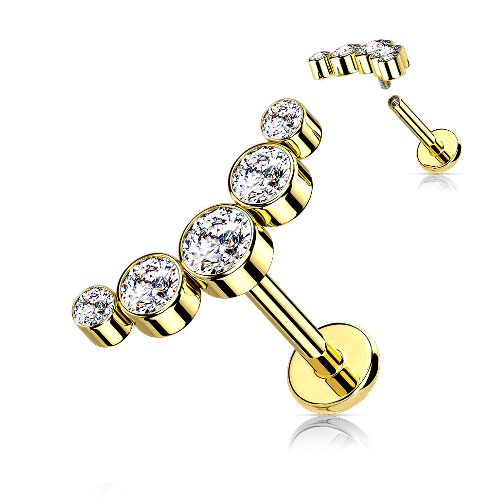 5-Round Gem Bezel Set Gold Clear Gem Curved Helix Flat Back Stud 16g
