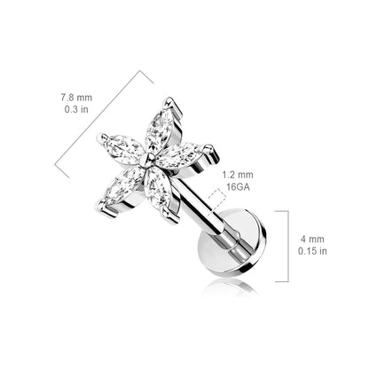 5 Marquise Gem Flower Internally threaded Flat Back Earring Dimensions