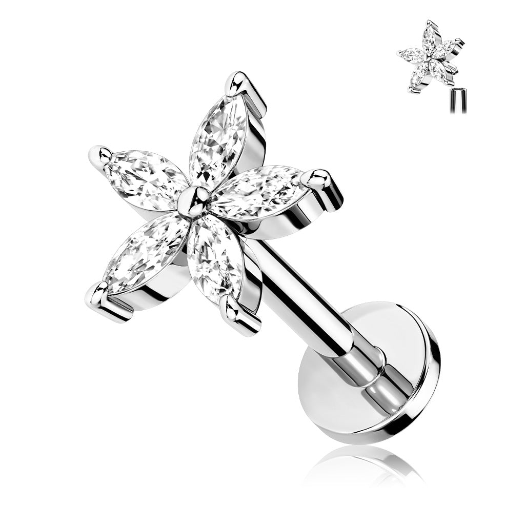 5 Marquise Gem Flower Internally threaded Flat Back Earring Silver