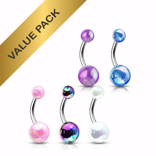5 Metallic Ball Steel Belly Button Bars 14g Value Pack