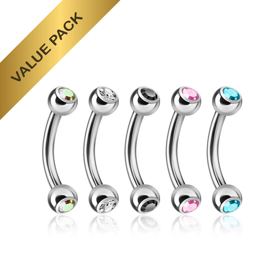 5x Gem Ball Silver Steel Curved Barbells 16g Value Pack