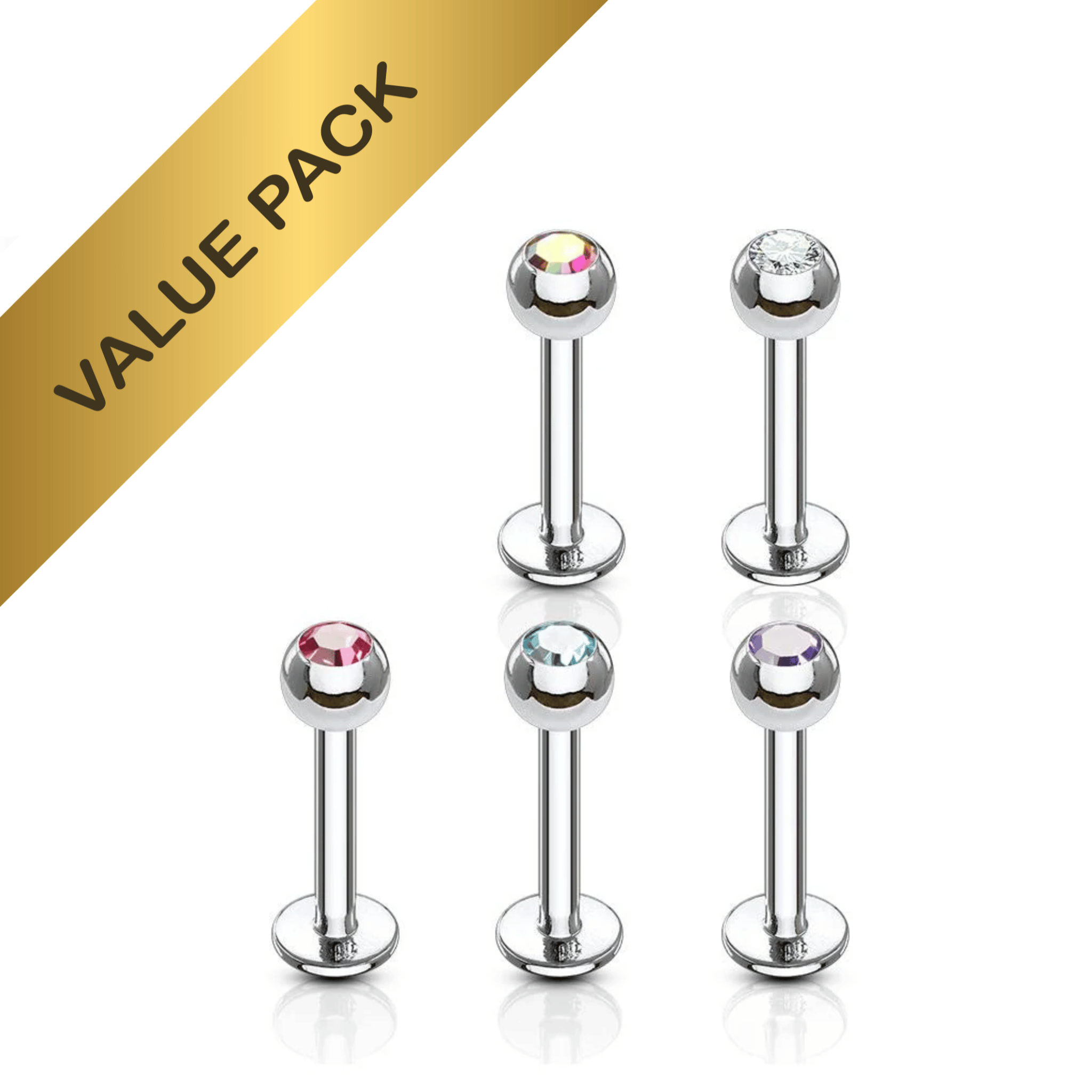5x Gem Ball Steel Flat Back Labret Bar 16g Value pack – Cherry Body ...