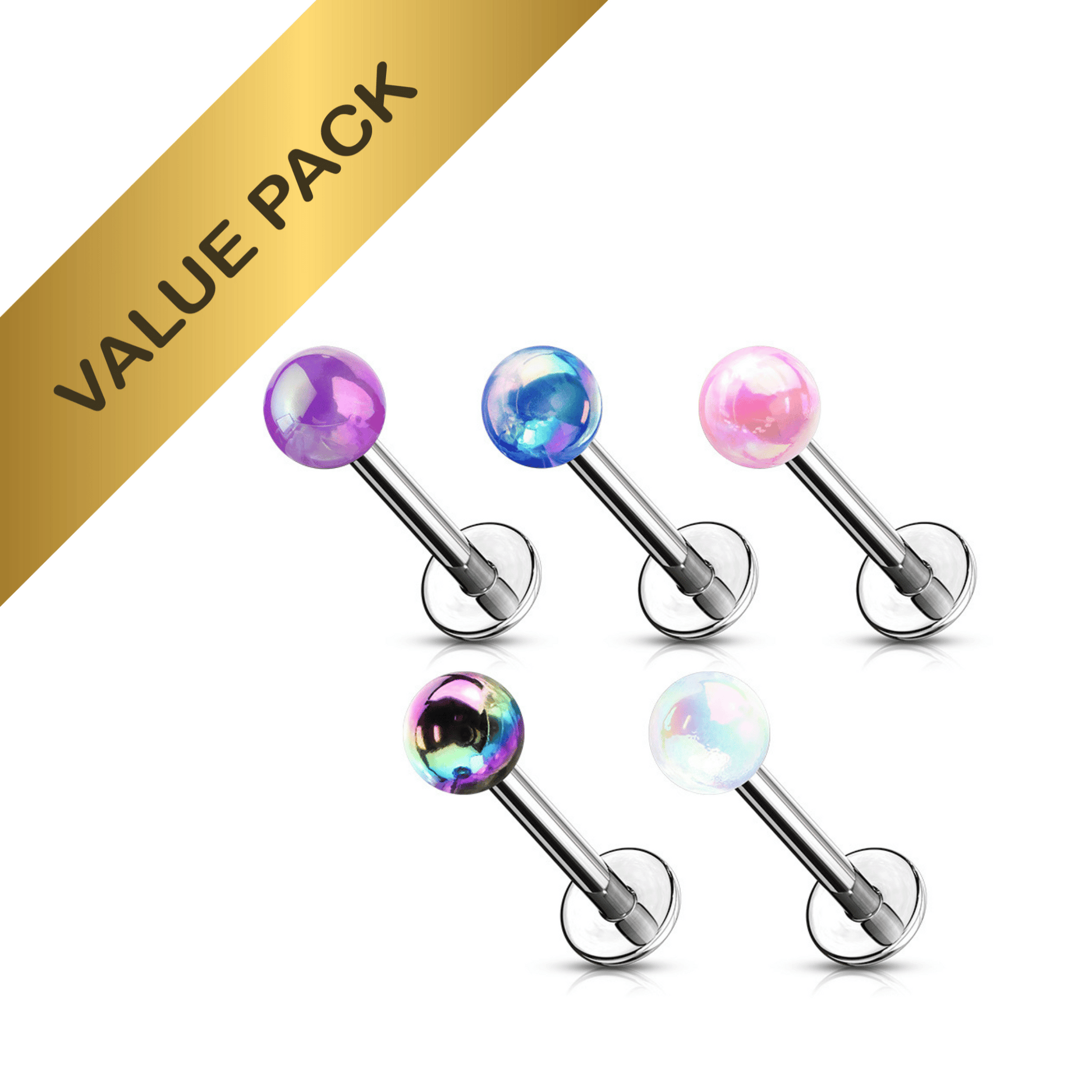 5x Metallic Ball Steel Flat Back Stud 16g Value Pack