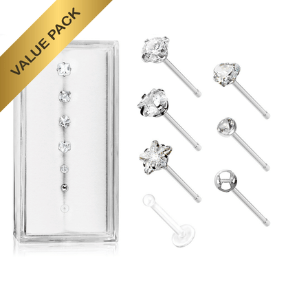 7pc Pin Stud Set – Clear Gem & Retainer 20g