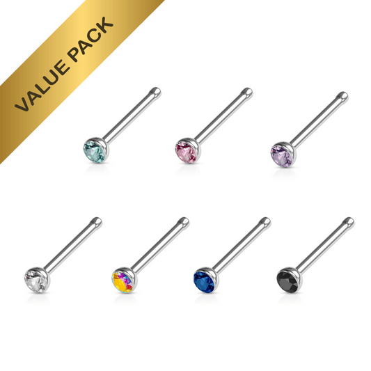 7pc Pressfit Coloured Gem Nose Stud Pack