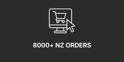 A dark gray promotional graphic with a white line icon of a computer monitor, shopping cart, and mouse cursor above the text '8000+ NZ ORDERS'.