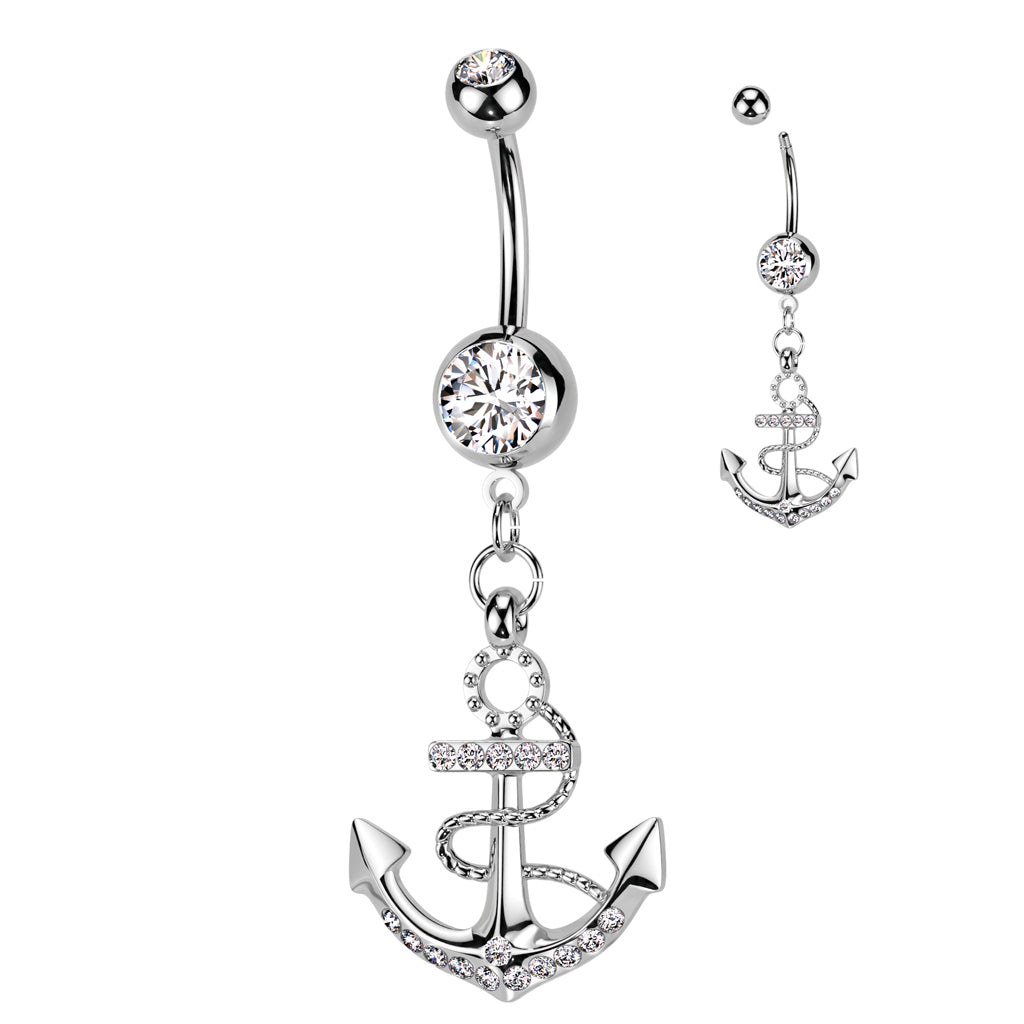 Anchor Clear Gem Dangle Silver Belly Button Bar 14g