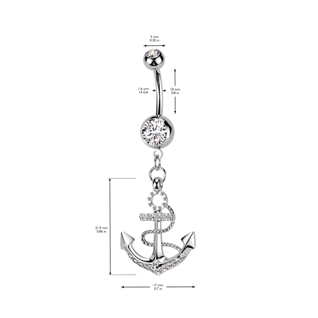Anchor Clear Gem Dangle Silver Belly Button Bar 14g dimensions