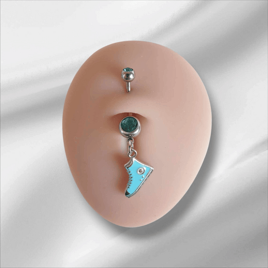Aqua Blue Gem Dangle Navel Piercing Bar with Blue Sneaker Dangle