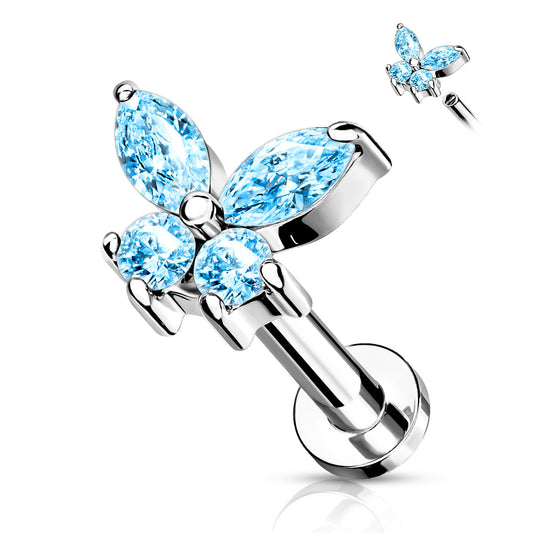 Aqua Blue Gem Silver Butterfly Flat Back Stud 16g