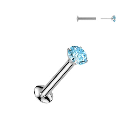 Aqua Prong Gem Silver Threadless Flat Back Stud 20g-16g