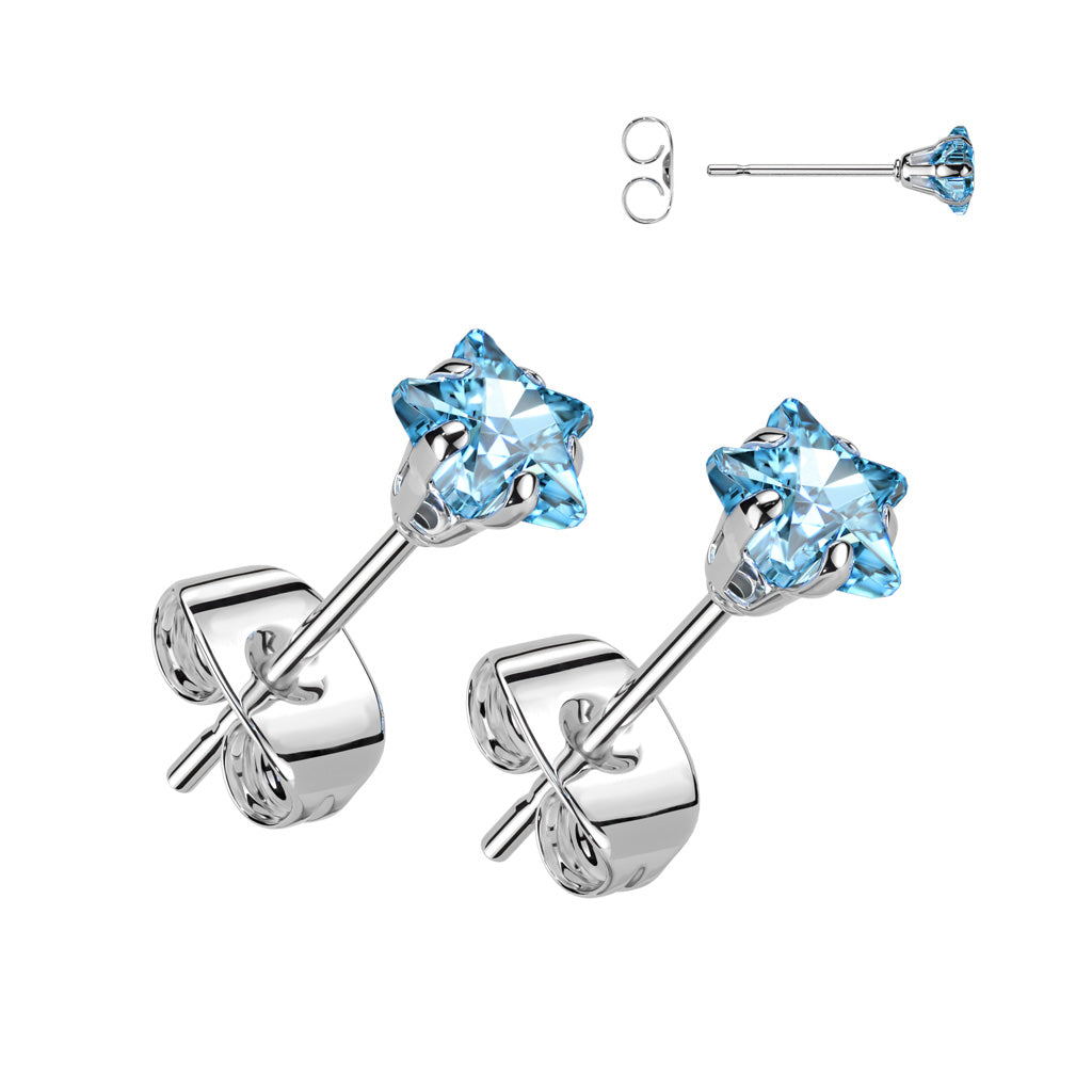 Aqua Star Silver Steel Earring Studs PAIR