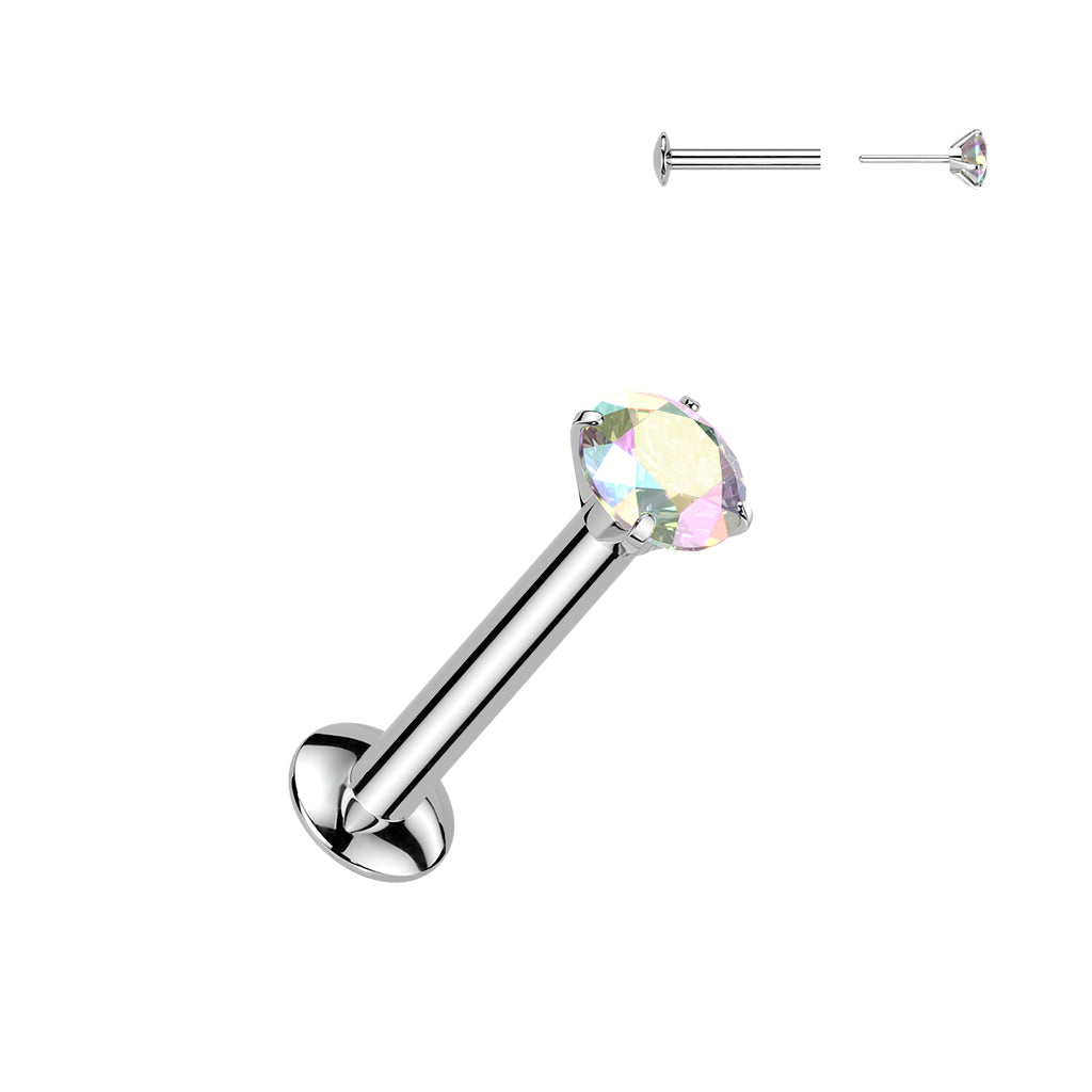 Aurora Borealis Prong Gem Silver Threadless Flat Back Stud 20g-16g 