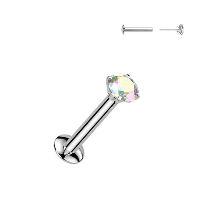 Aurora Borealis Prong Gem Silver Threadless Flat Back Stud 20g-16g 