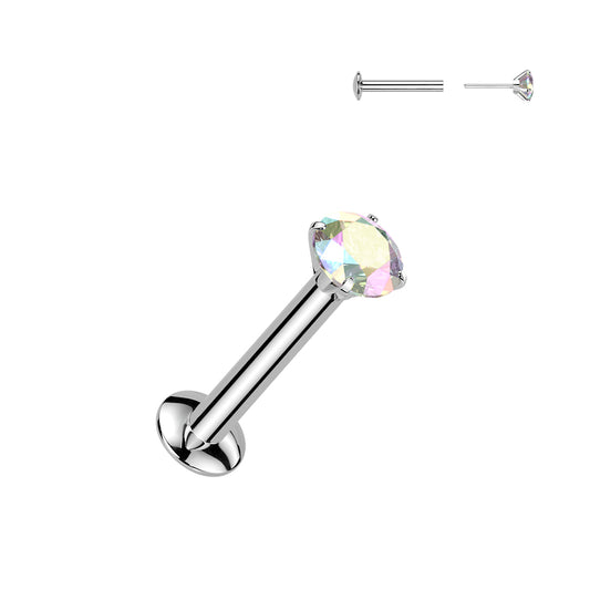 Aurora Borealis Prong Gem Silver Threadless Flat Back Stud 20g-16g 