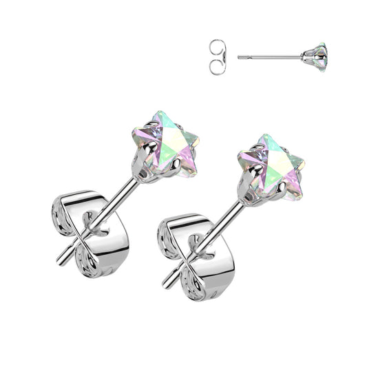 Aurora Borealis Star Silver Steel Earring Studs PAIR