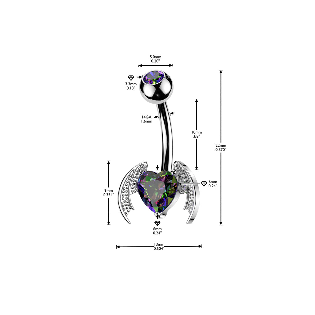 Bat Wing Heart Gem Belly Button Bar 14g dimensions
