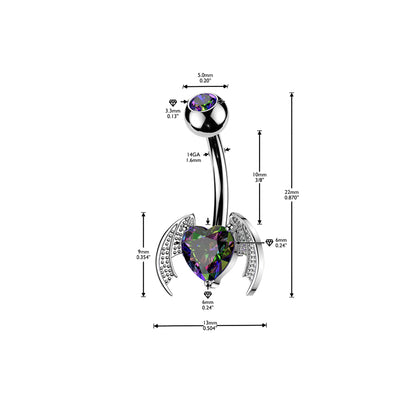 Bat Wing Heart Gem Belly Button Bar 14g dimensions