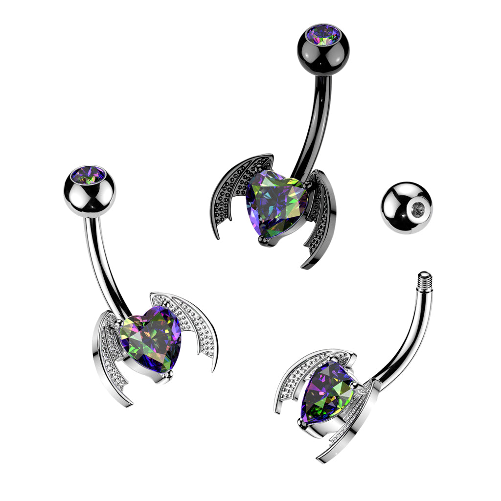 Bat Wing Heart Gem Belly Button Bar 14g range