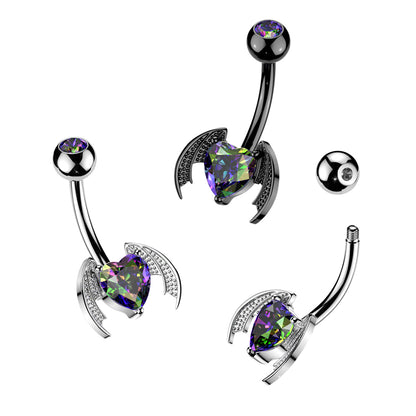 Bat Wing Heart Gem Belly Button Bar 14g range