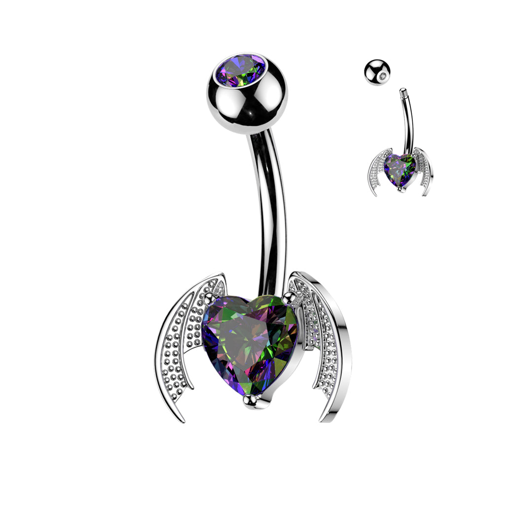 Bat Wing Heart Gem Silver Belly Button Bar 14g