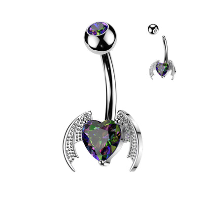 Bat Wing Heart Gem Silver Belly Button Bar 14g