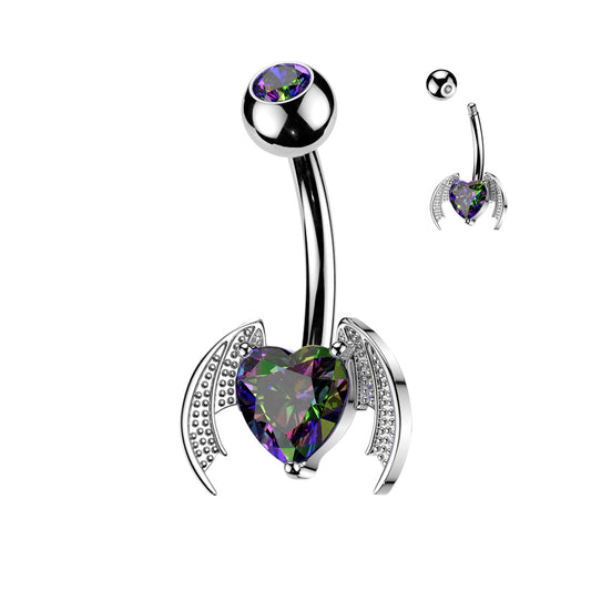 Bat Wing Heart Gem Silver Belly Button Bar 14g