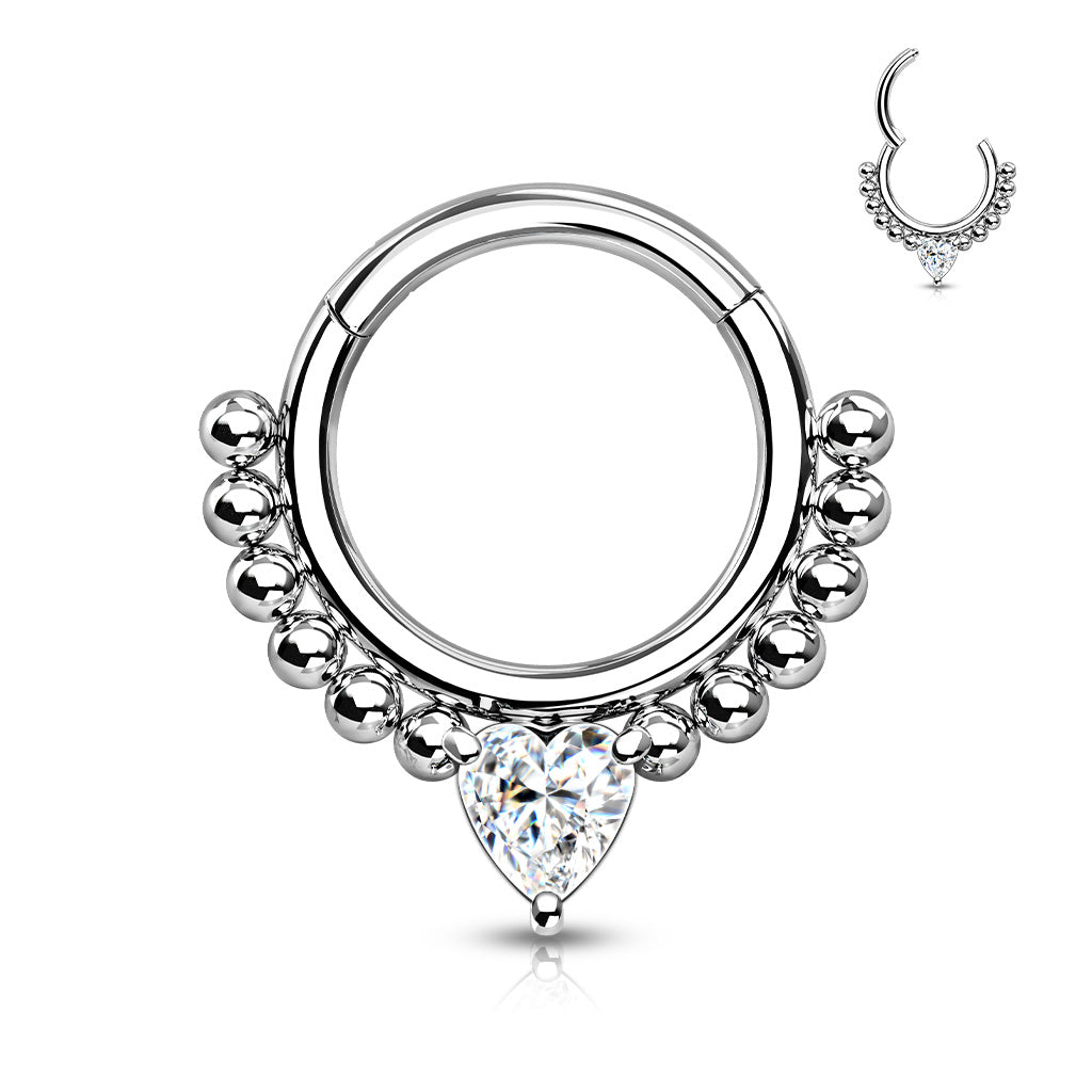 Beaded Clear Heart Gem Silver Hinged Clicker Ring 16g