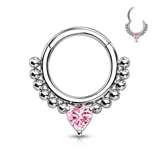 Beaded Pink Heart Gem Silver Hinged Clicker Ring 16g