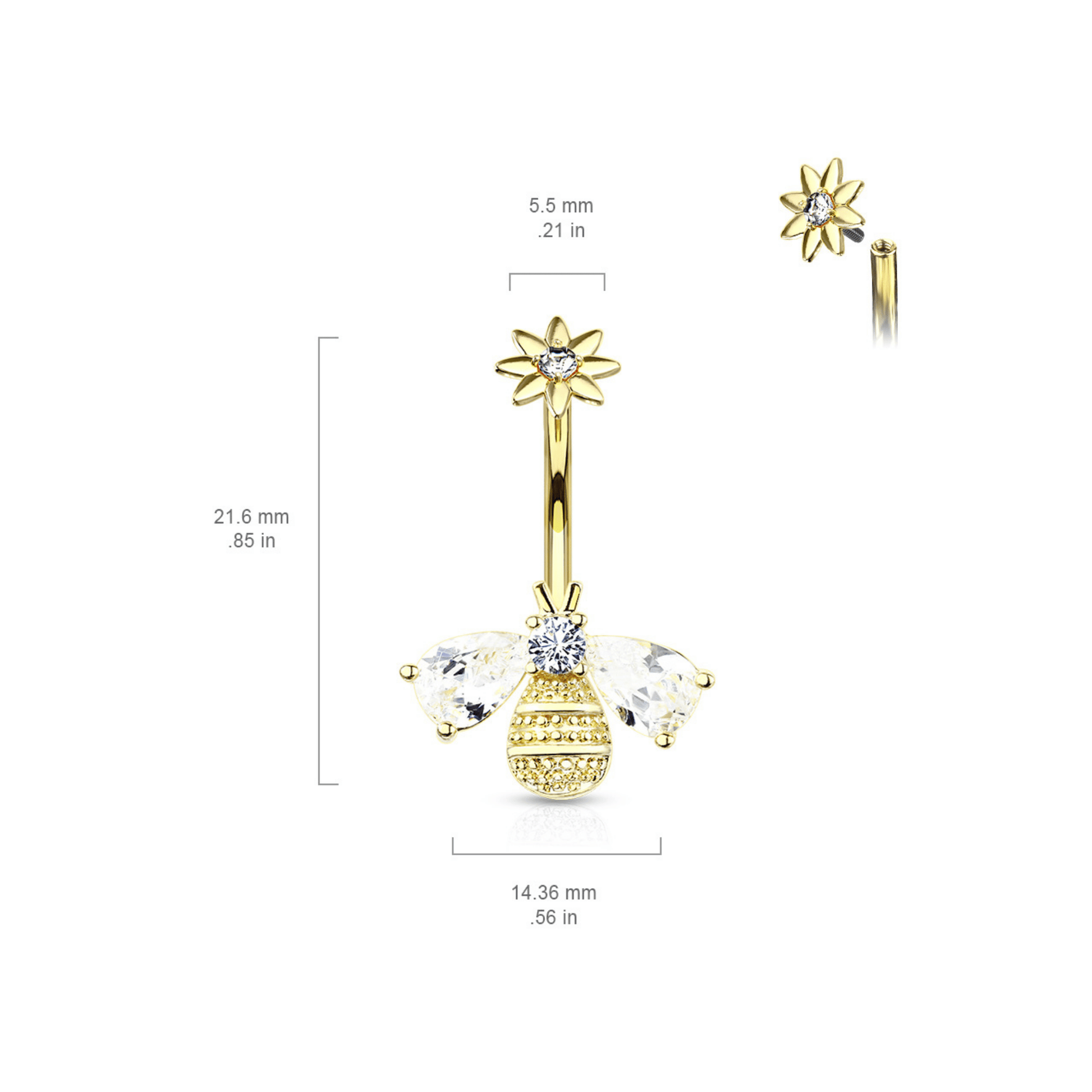 Bee With Flower Top Internally Threaded Navel Bar Dimensions