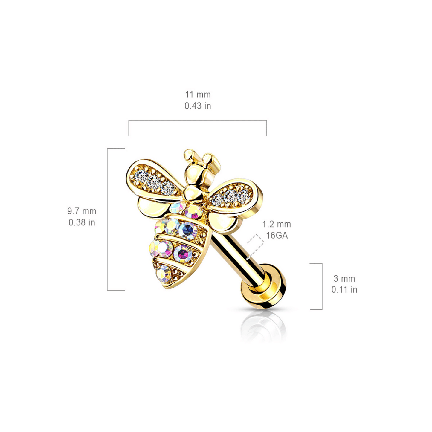 Bee with AB crystals Flat Back Earring dimensions