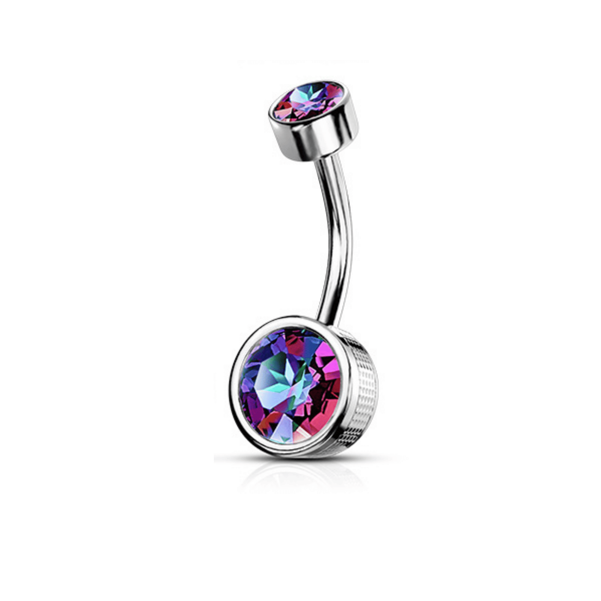 Bezel set gem belly bar with stamped sides