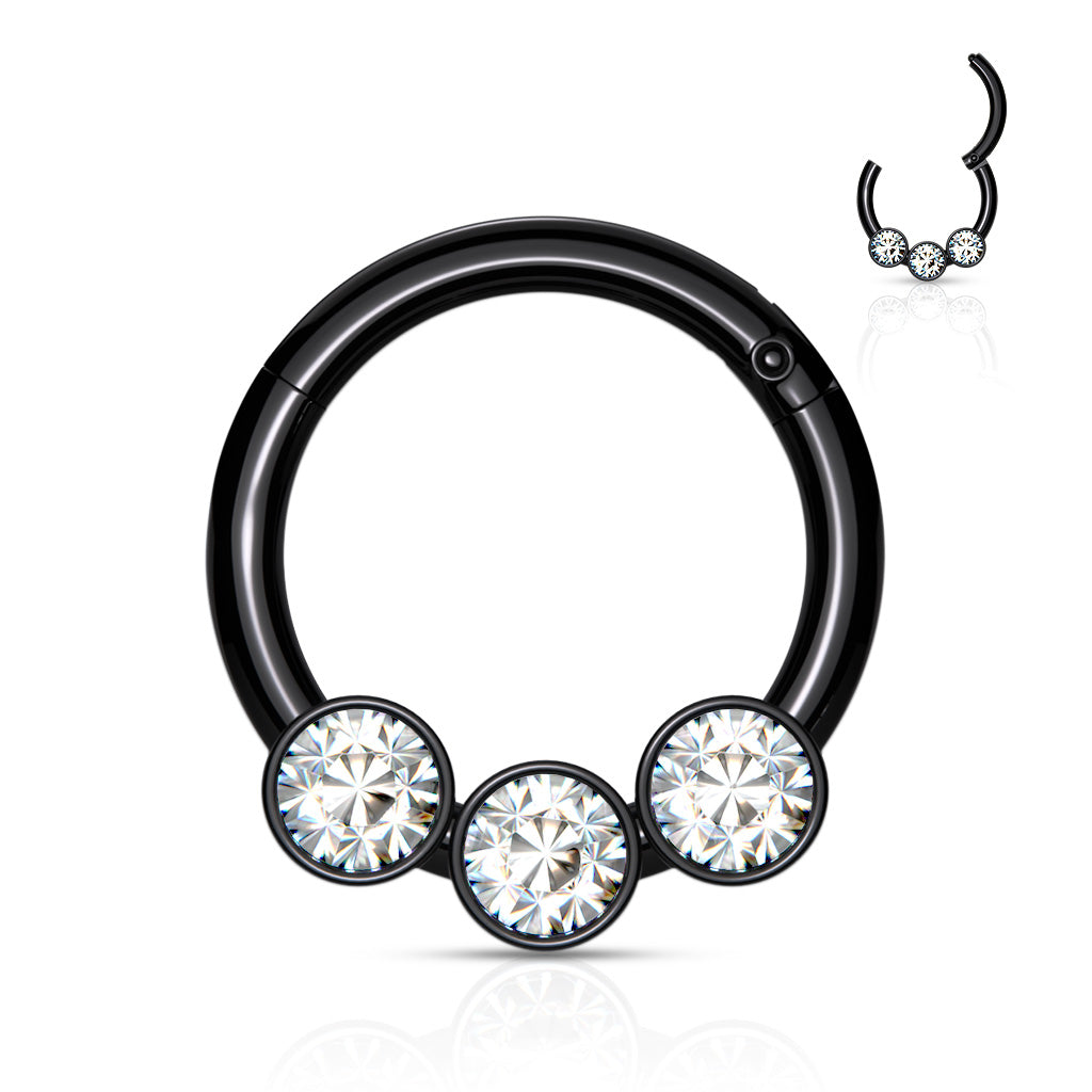 Black 3 Bezel Set Clear Gems Hinged Clicker Ring 16g