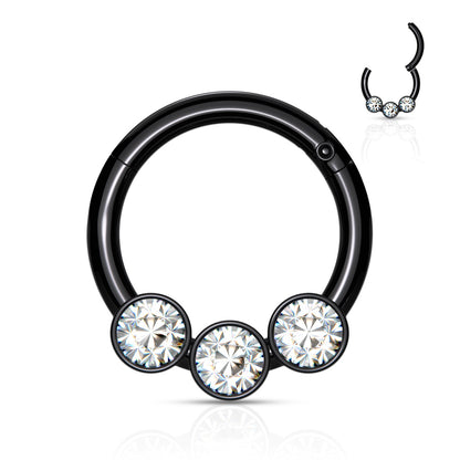 Black 3 Bezel Set Clear Gems Hinged Clicker Ring 16g