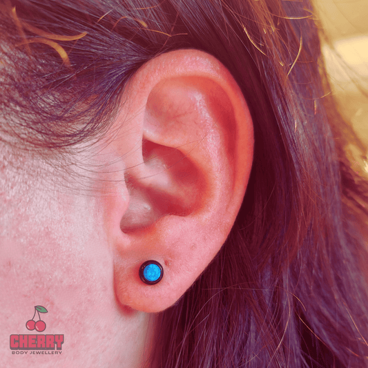 Black Bezel Set Blue Opal Earring Studs