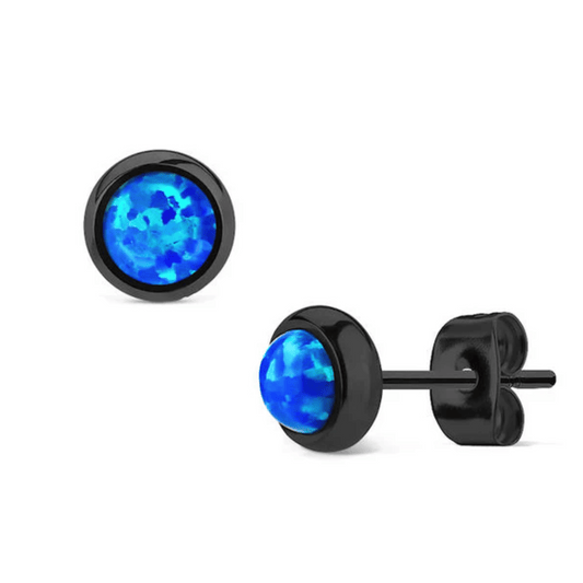 Black Bezel Set Blue Opal Stud Earrings