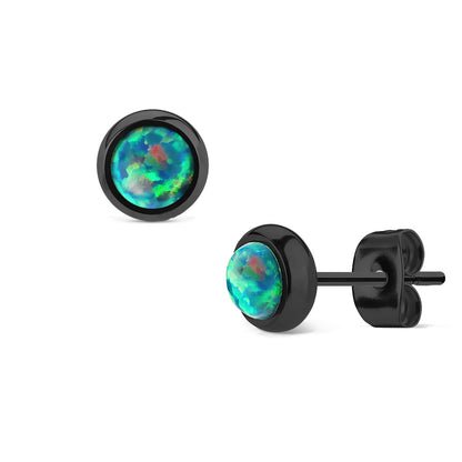 Black Bezel Set Green Opal Earring Studs PAIR