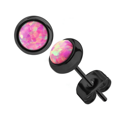 Black Bezel Set Pink Opal Stud Earrings