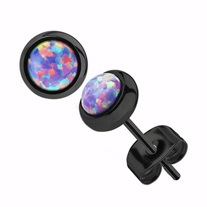 Black Bezel Set Purple Opal Stud Earrings