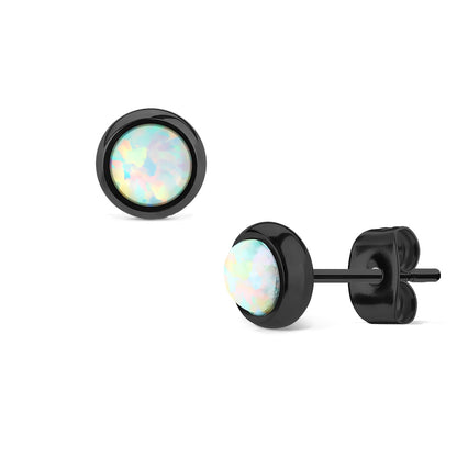 Black Bezel Set White Opal Earring Studs PAIR