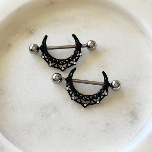 Black Crescent Gem Moon Nipple Bar 14g