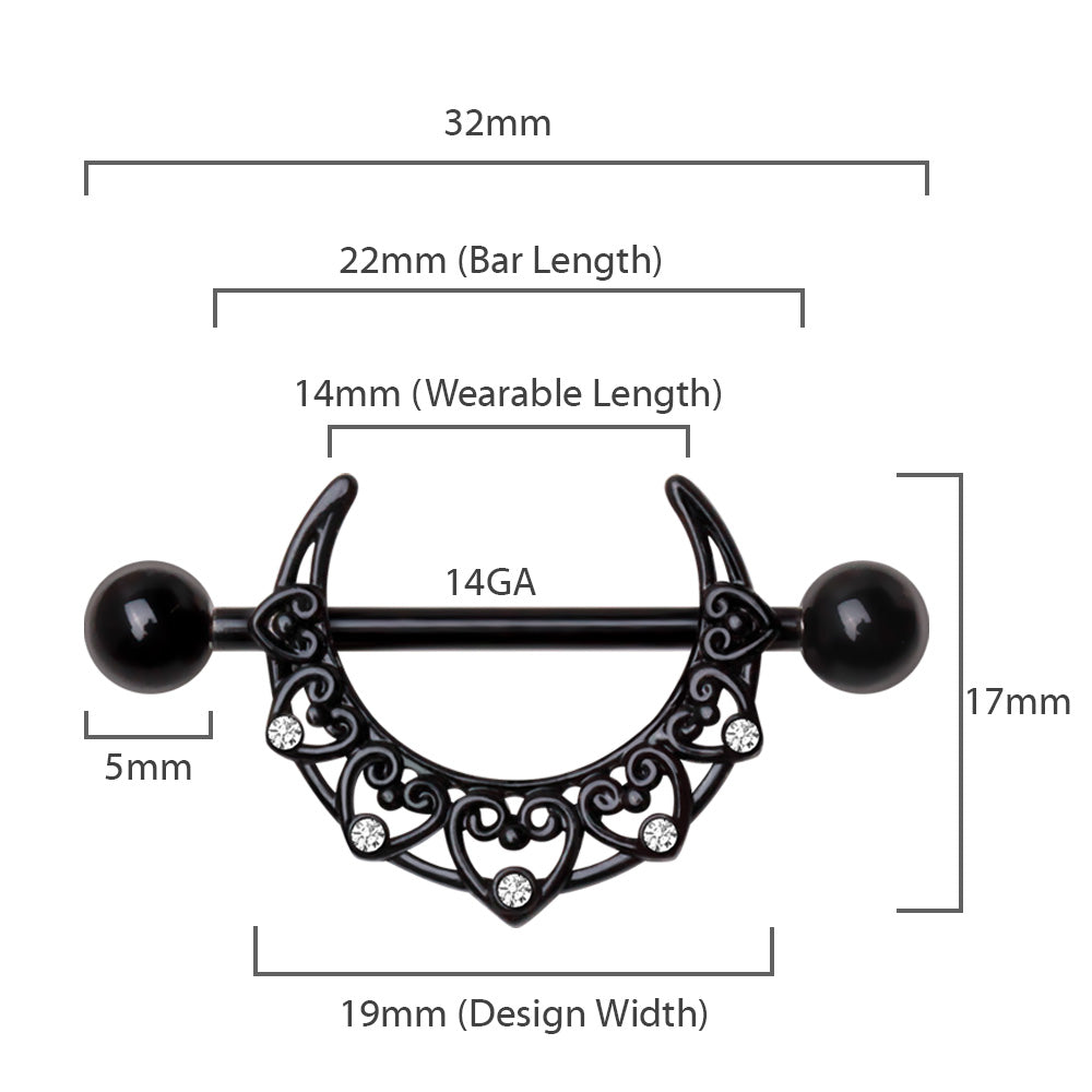 Black Crescent Gem Moon Nipple Bar 14g dimensions