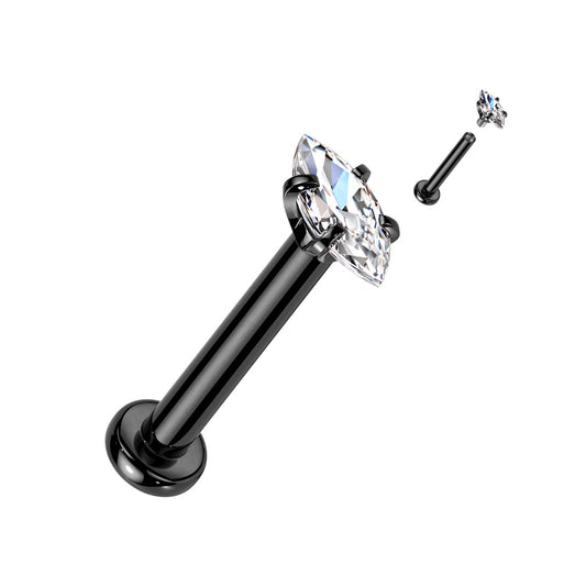 Black Marquise Gem Internally Threaded Flat Back Stud 16g