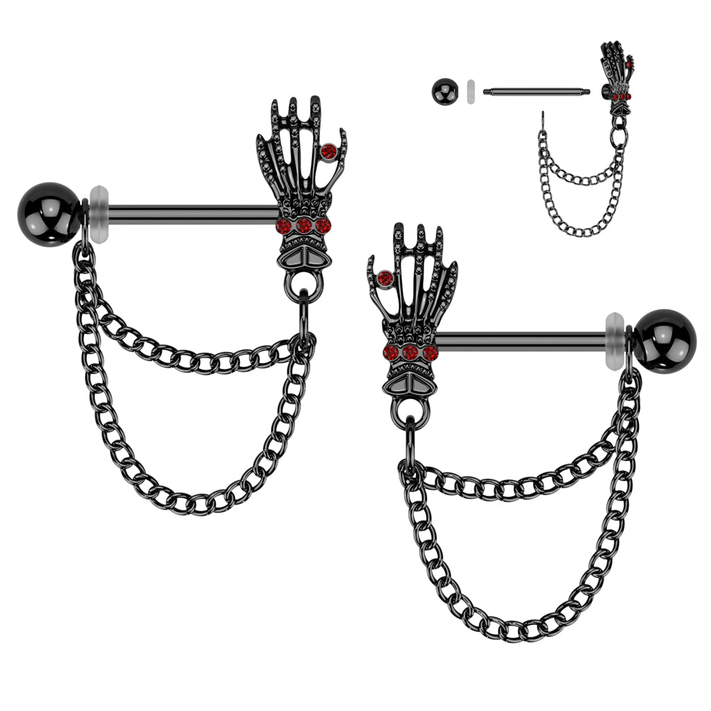 Black Skull Hand Double Chain Dangle Nipple Bar PAIR