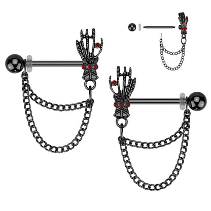 Black Skull Hand Double Chain Dangle Nipple Bar PAIR
