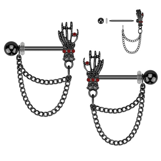 Black Skull Hand Double Chain Dangle Nipple Bar PAIR