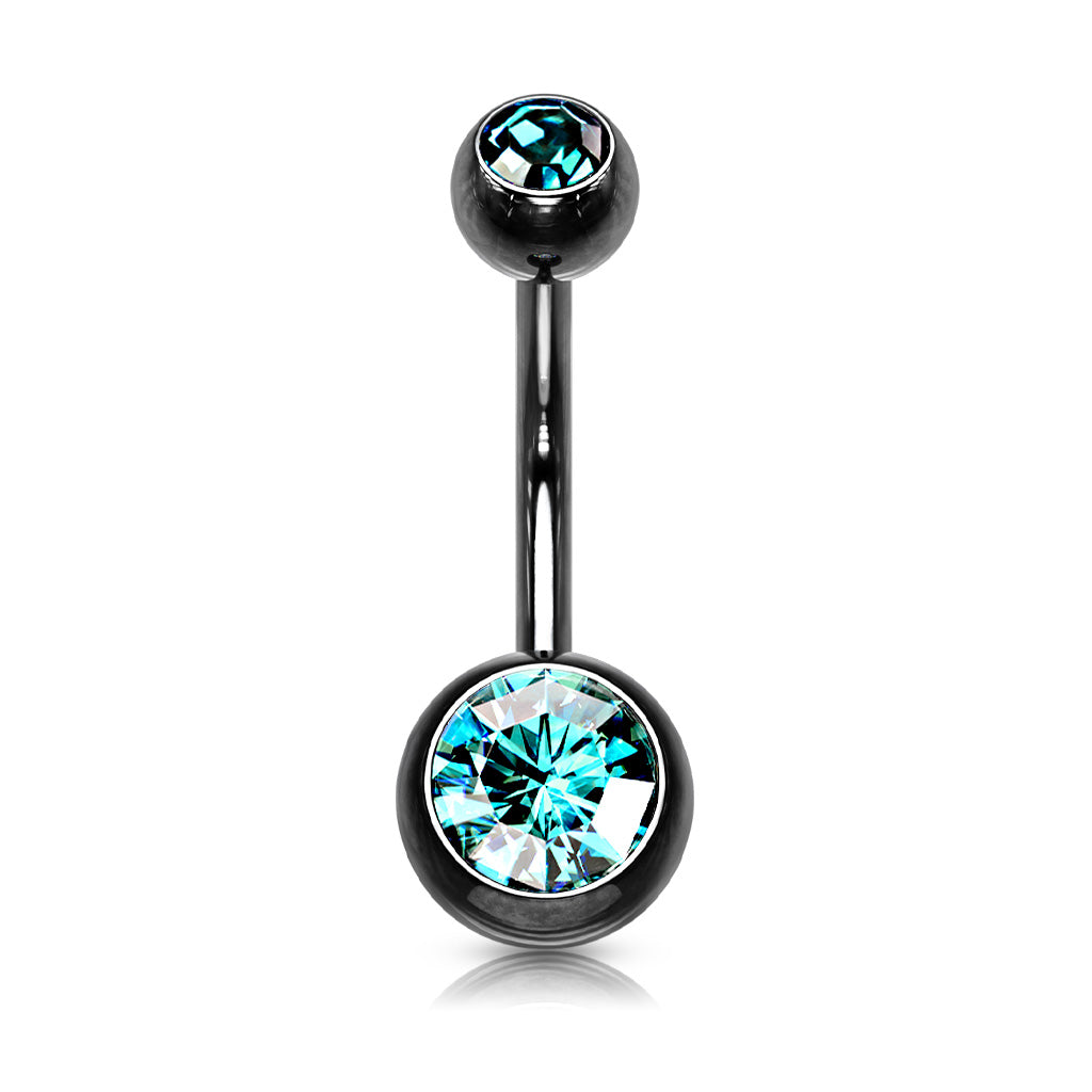 Black Steel Double Blue Gem Belly Button Bar