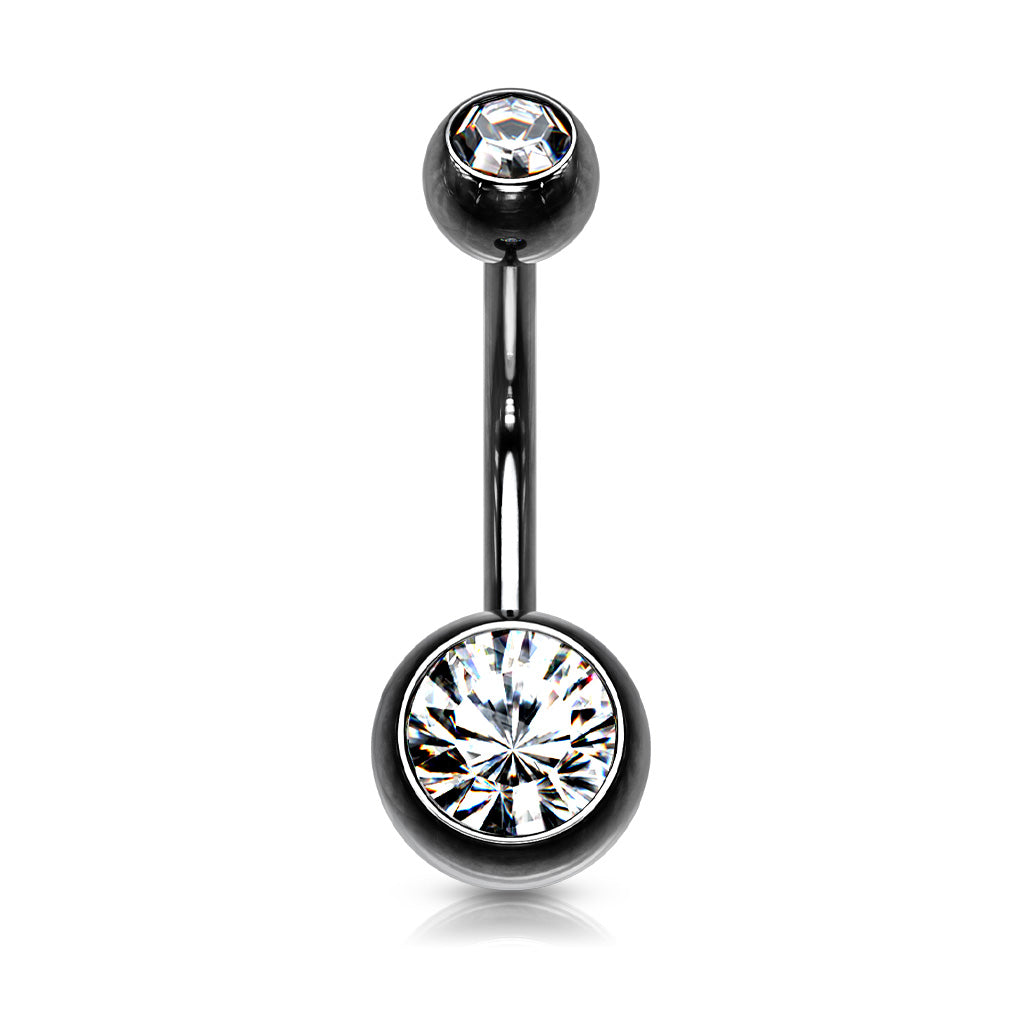 Black Steel Double Clear Gem Belly Button Bar