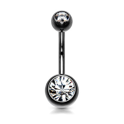 Black Steel Double Clear Gem Belly Button Bar